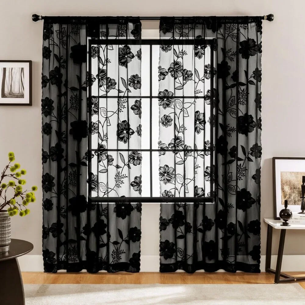 Black Sheer Lace Curtains – 2 Panels, 54